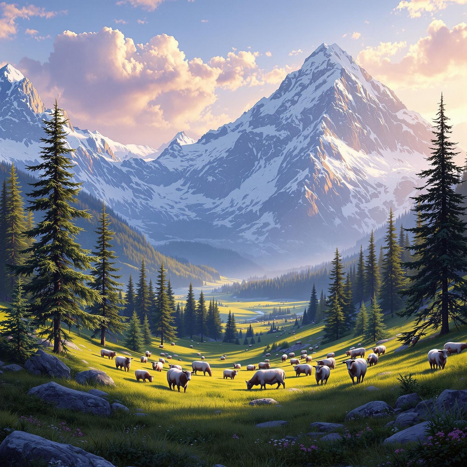 Swiss Alpine Landscape with Majestic Pine Trees and Grazing....