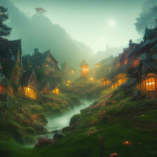Pixie Village Landscape Art in Twilight