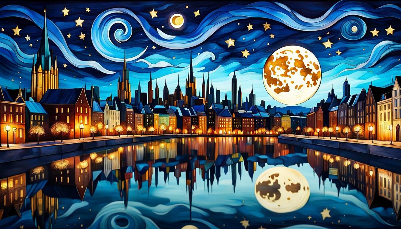 Whimsical Cityscape Reflection Under Starry Night
