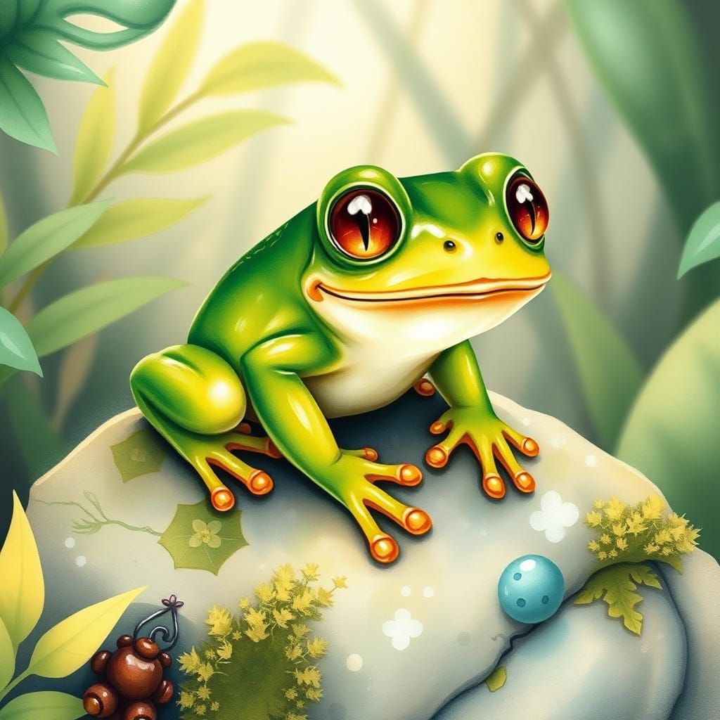 Whimsical Green Frog in Tropical Foliage