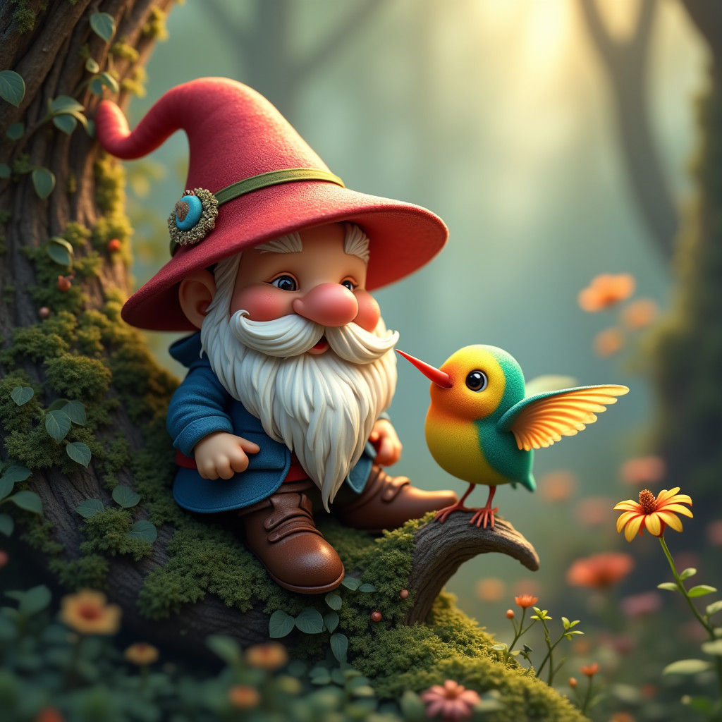 Smiling Gnome in Enchanted Forest with Wildflowers