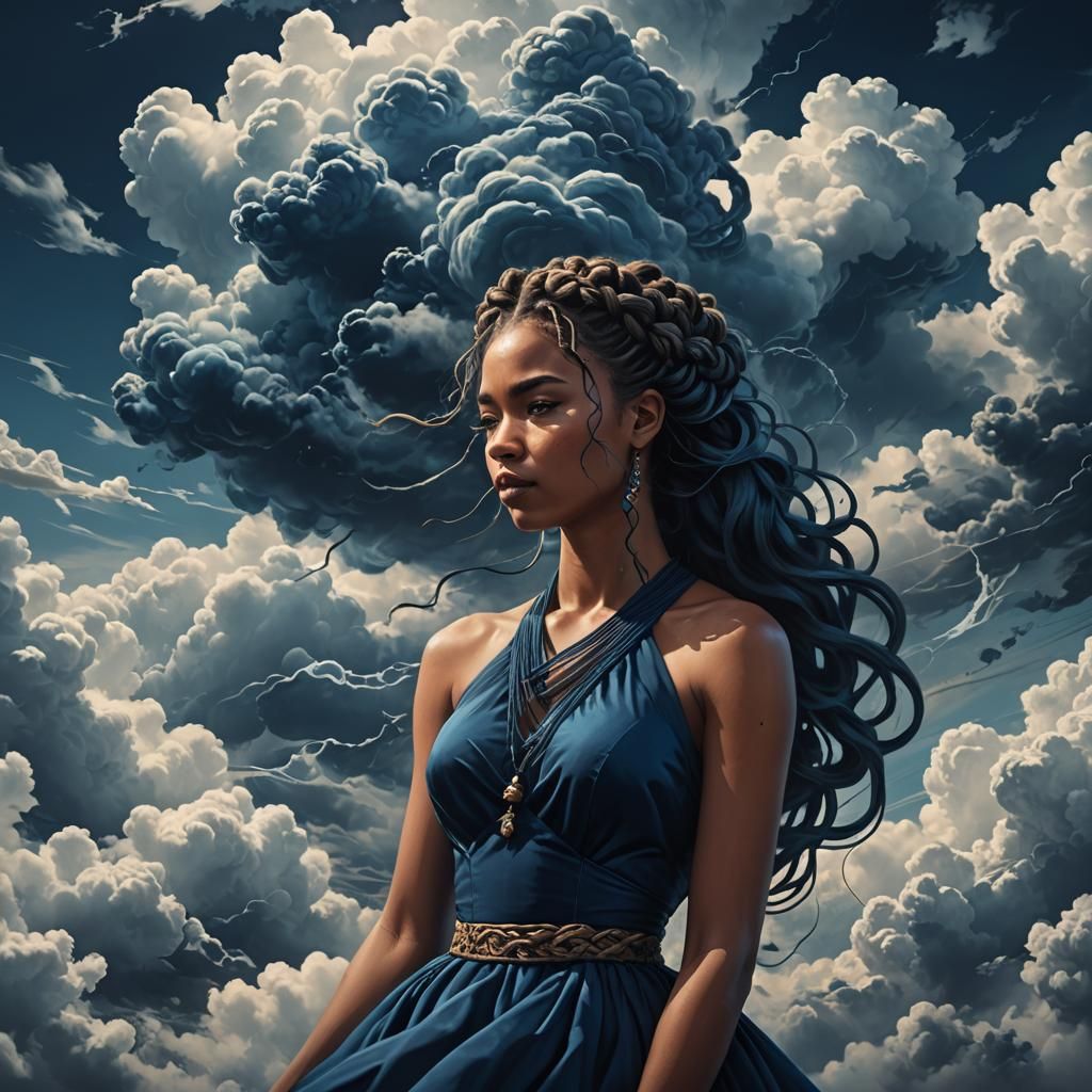 Braided Woman in Blue Gown Among Clouds
