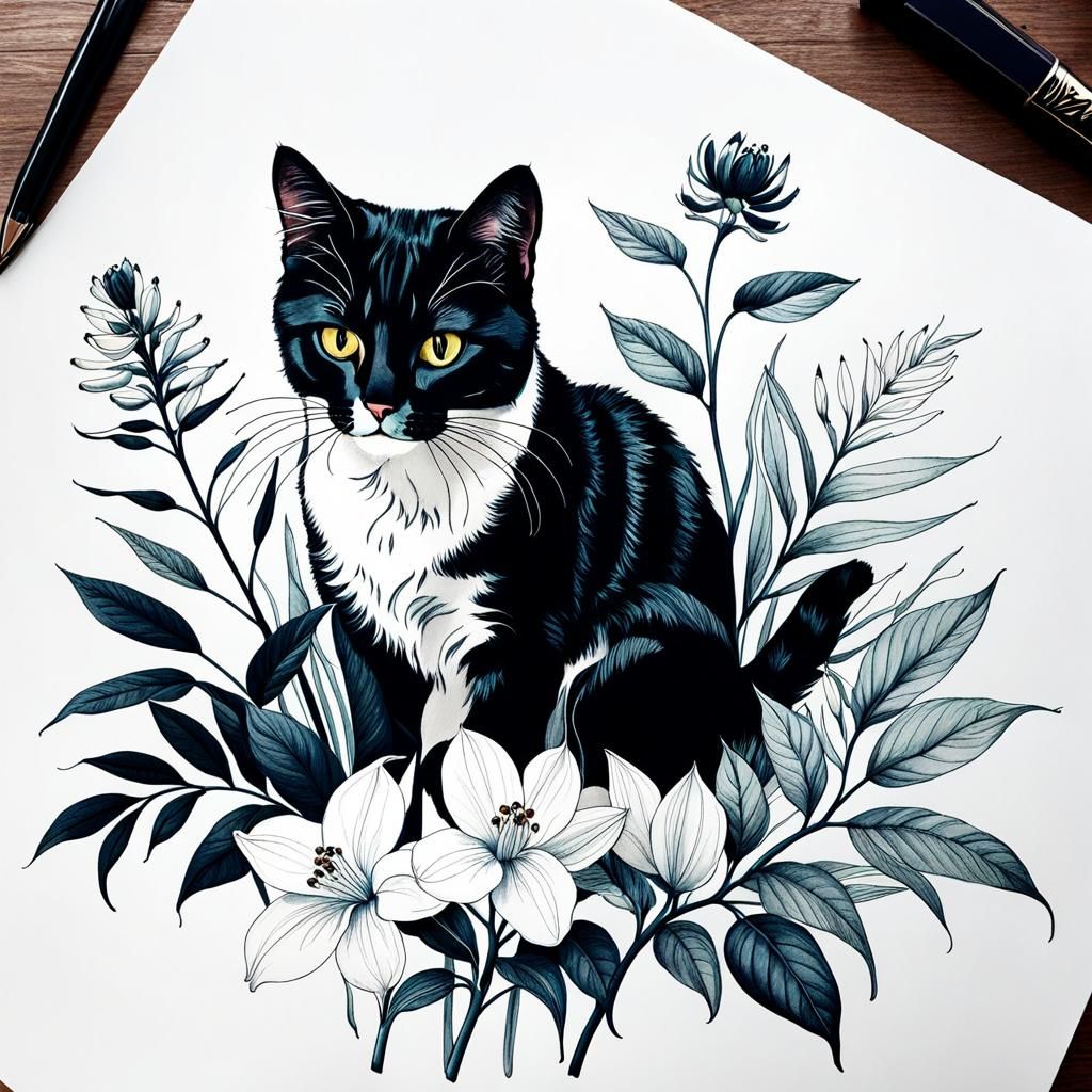 Botanical Ink Drawing with Cat Illustration