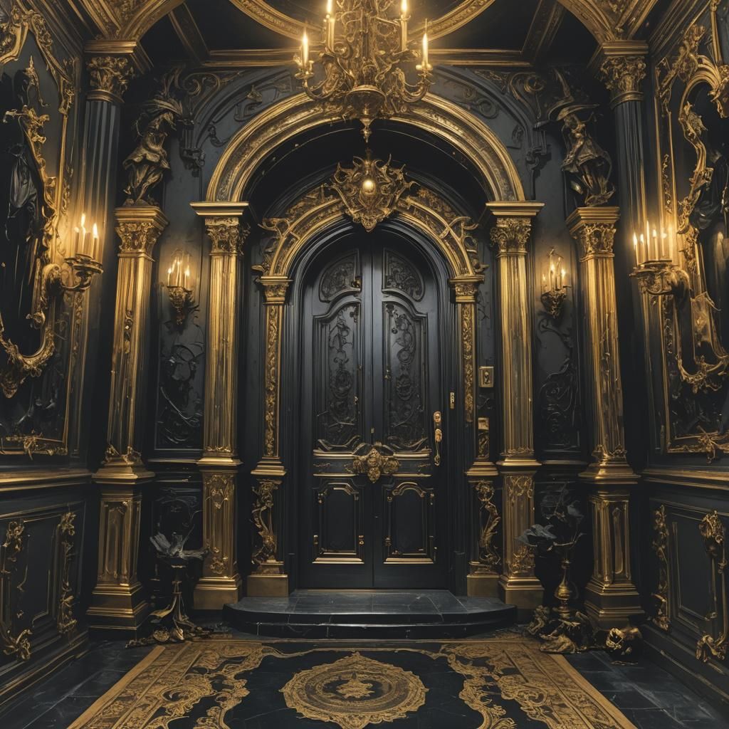 Dark Victorian Haunted Mansion Entryway in Black and Gold