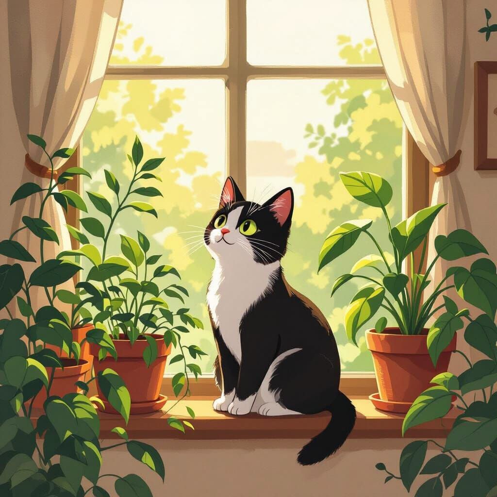 Cat on Windowsill, Miyazaki-Inspired Whimsical Art