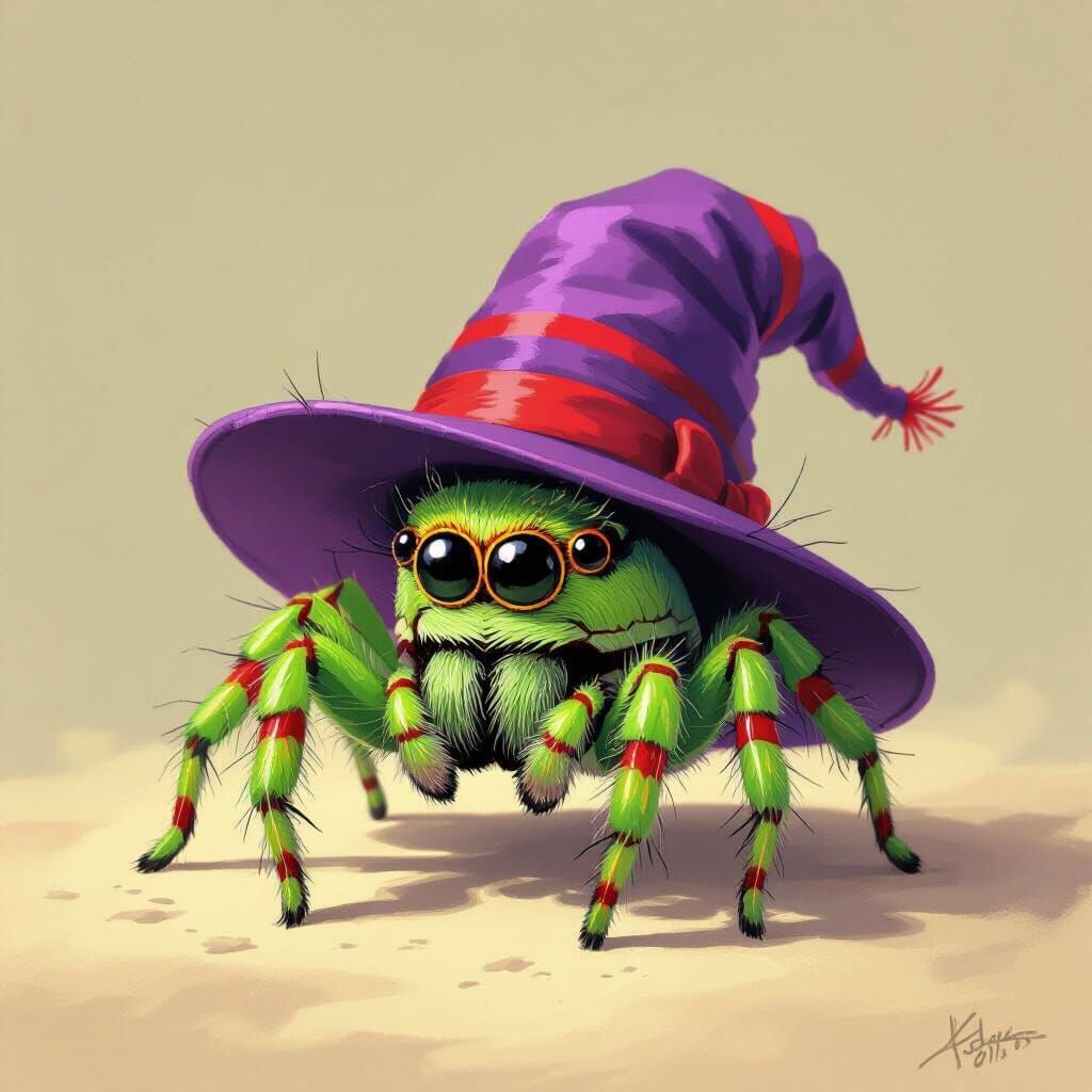 Charming Green Spider in Purple Hat, Illustrative Style