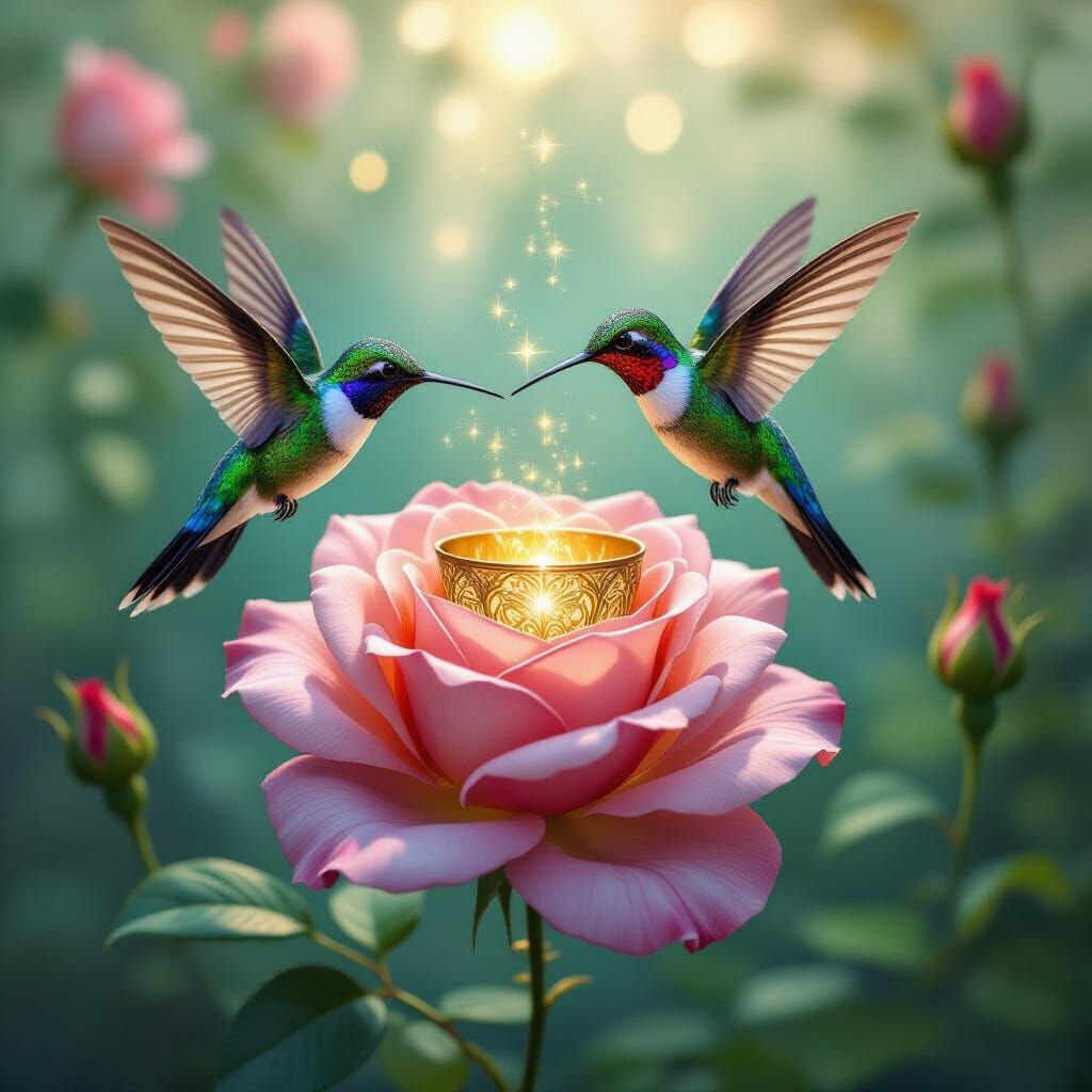 Hummingbird Hovers Before Magical Rose with Golden Chalice