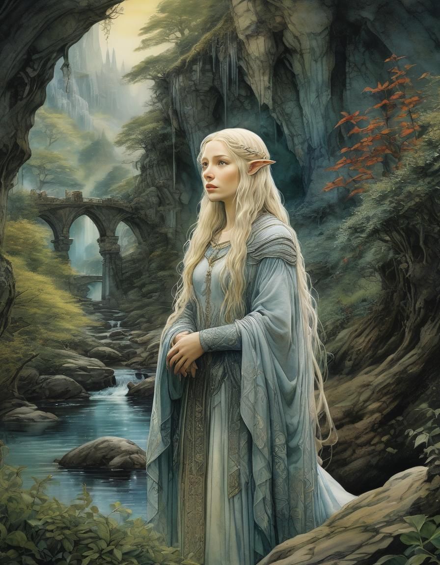 Galadriel Overlooks Rivendell in Alcohol Ink Style