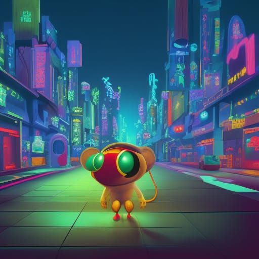 Mouse in Neon City Dump as 3D Digital Art