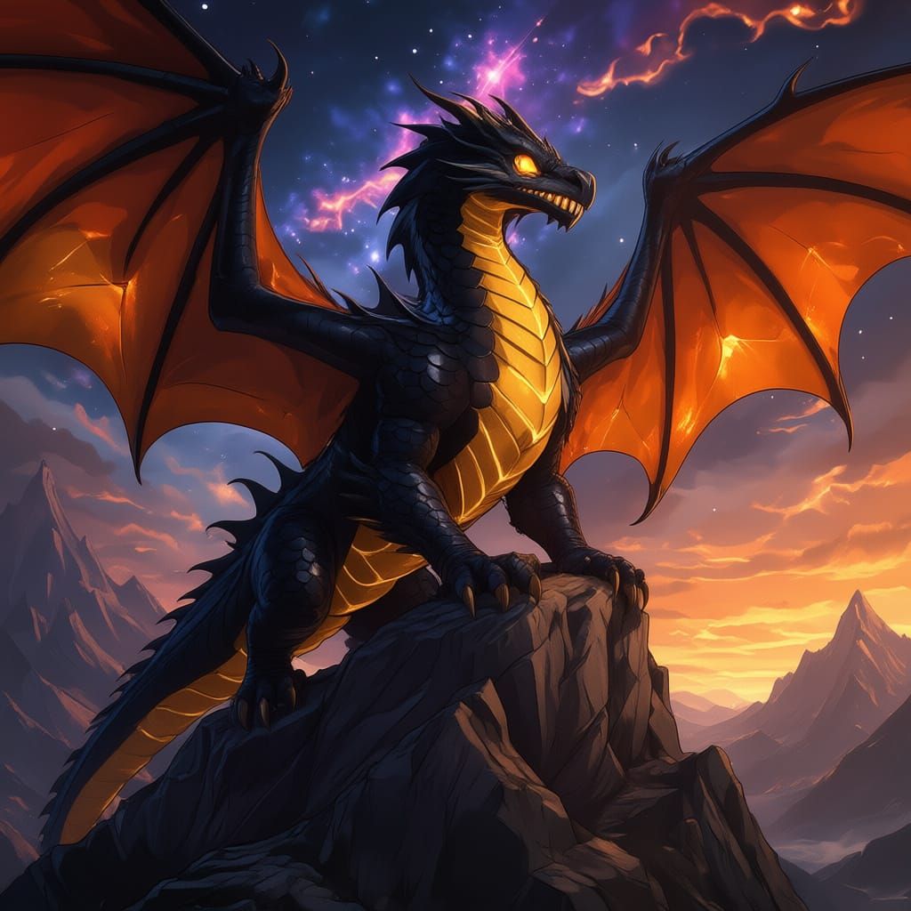 Obsidian Dragon Perched on Jagged Peak in Anime Style
