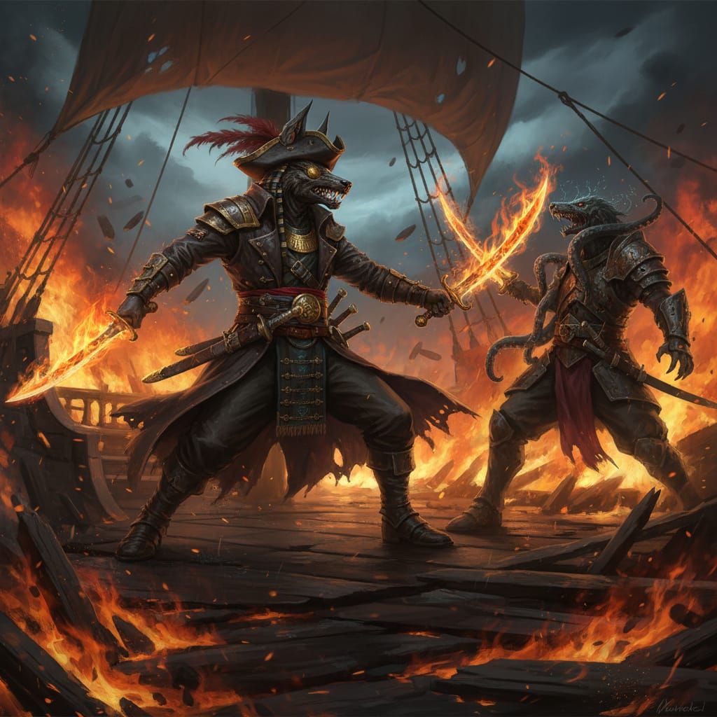 Anubis Pirate Sword Duel on Burning Ship