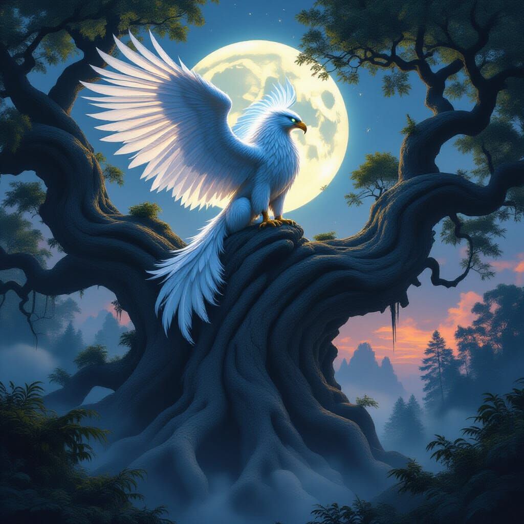 Majestic Griffin Perched in Twilight Forest