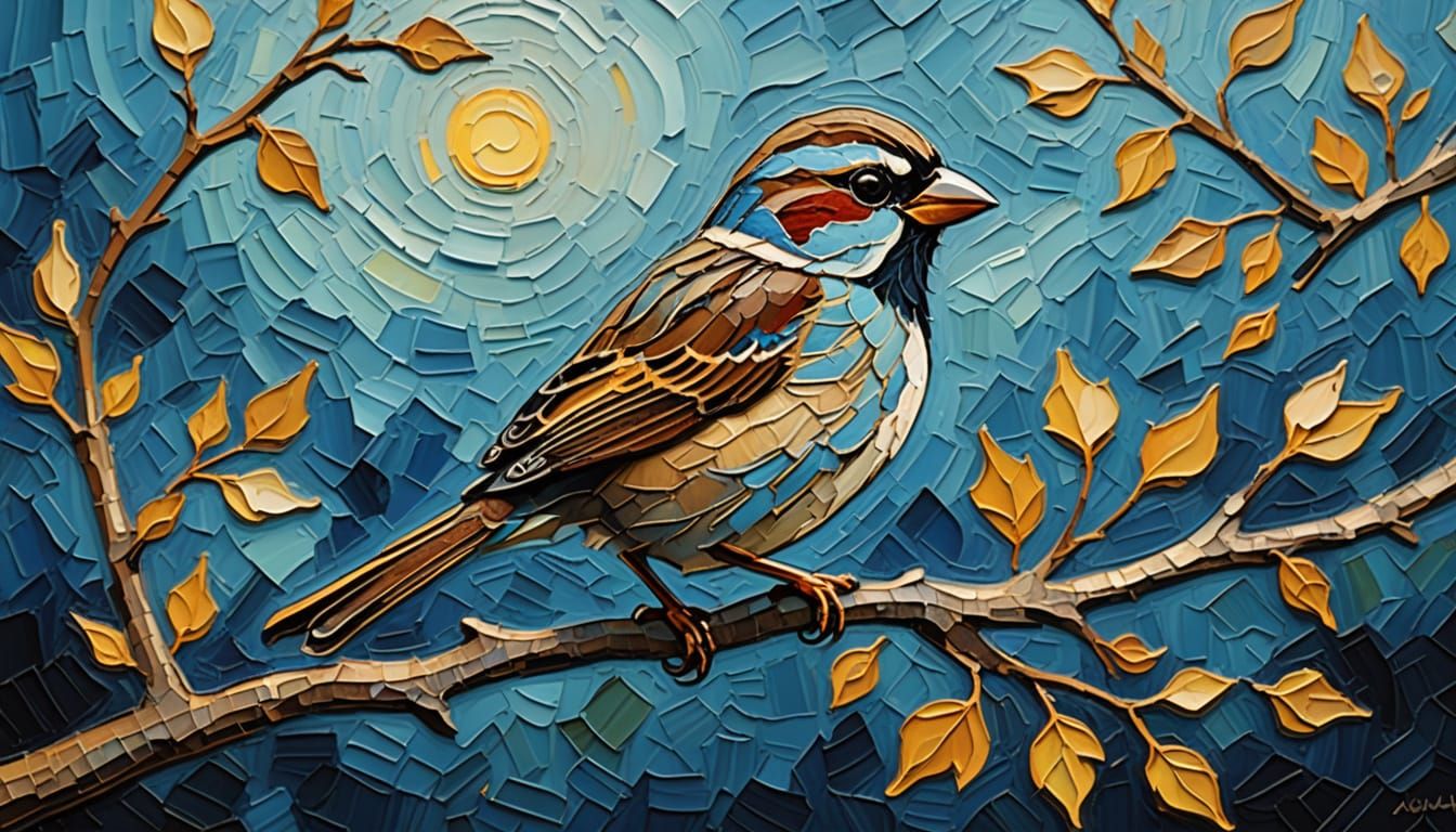 Sparrow on Branch at Dawn in Impasto Style