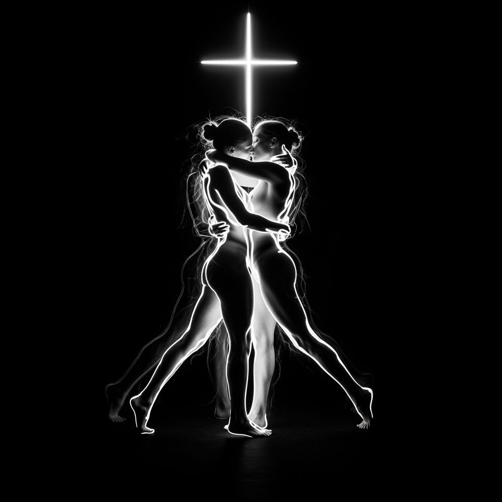 Ethereal Figures Embrace Under Celestial Light