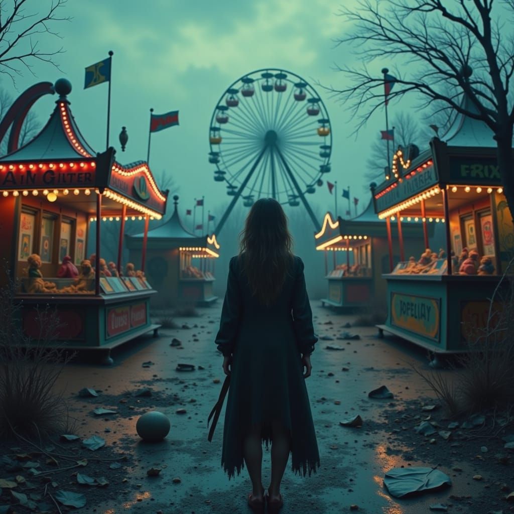 Mysterious Woman in Abandoned Carnival at Dusk