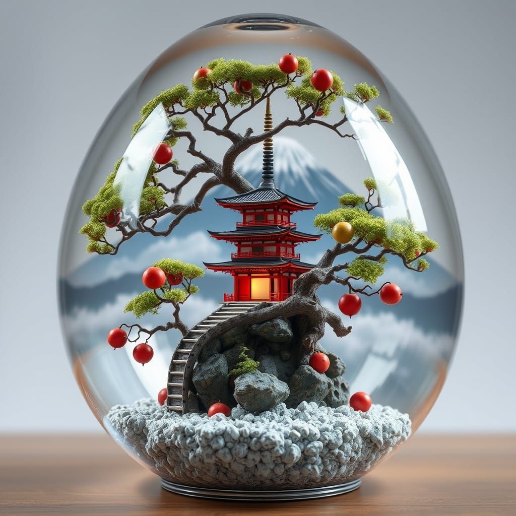 Japanese bonsai tree inside a majestic, ornate glass egg