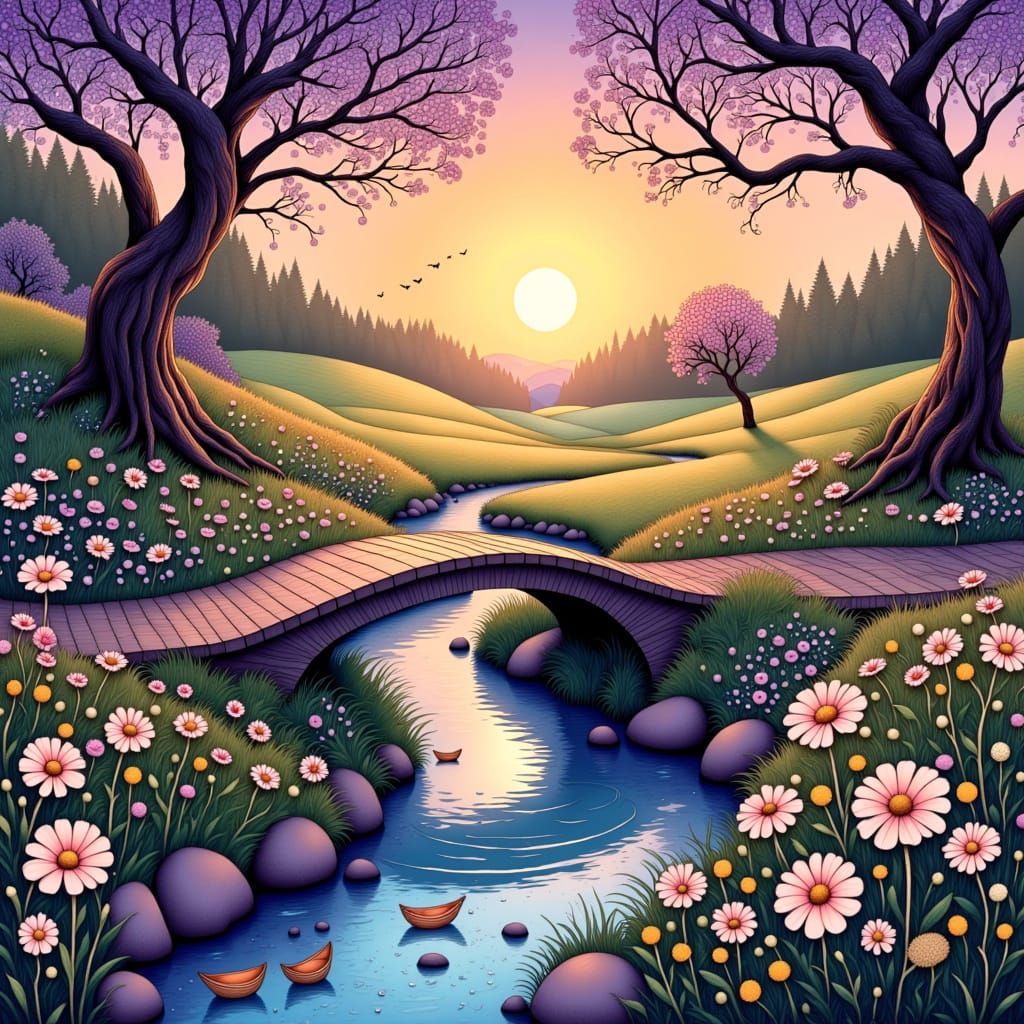 Wet-on-wet watercolor painting of a dreamy spring meadow bathed in golden twilight, where (((soft waves of wildflowers))...