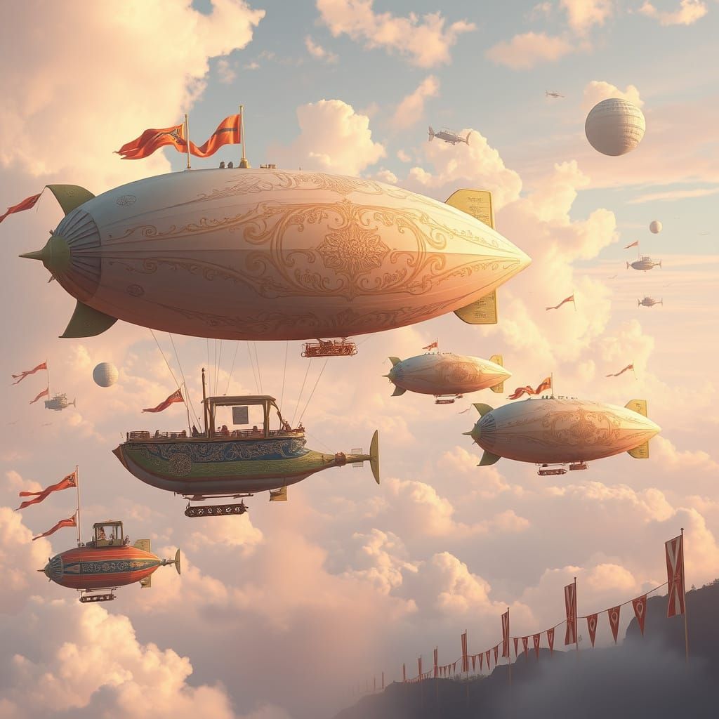 Airships Fleet Drifting in Dreamlike Art Nouveau Sky