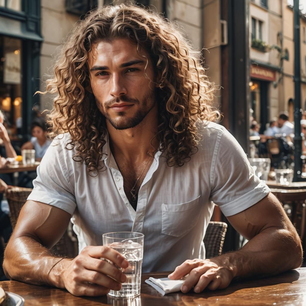 Handsome Man at Bistro with Water in Sunlight