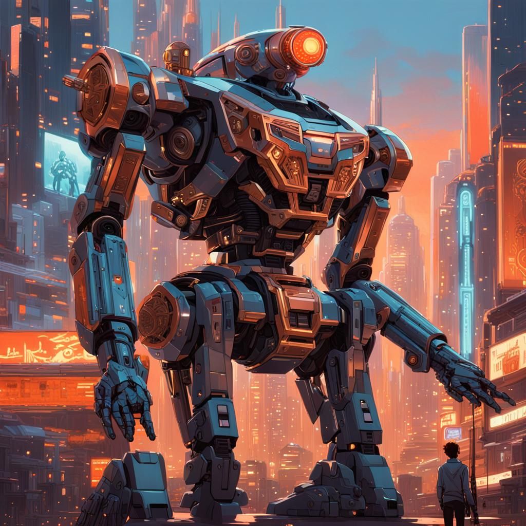 Sci-Fi Robot with Love Gun in Dystopian Cityscape
