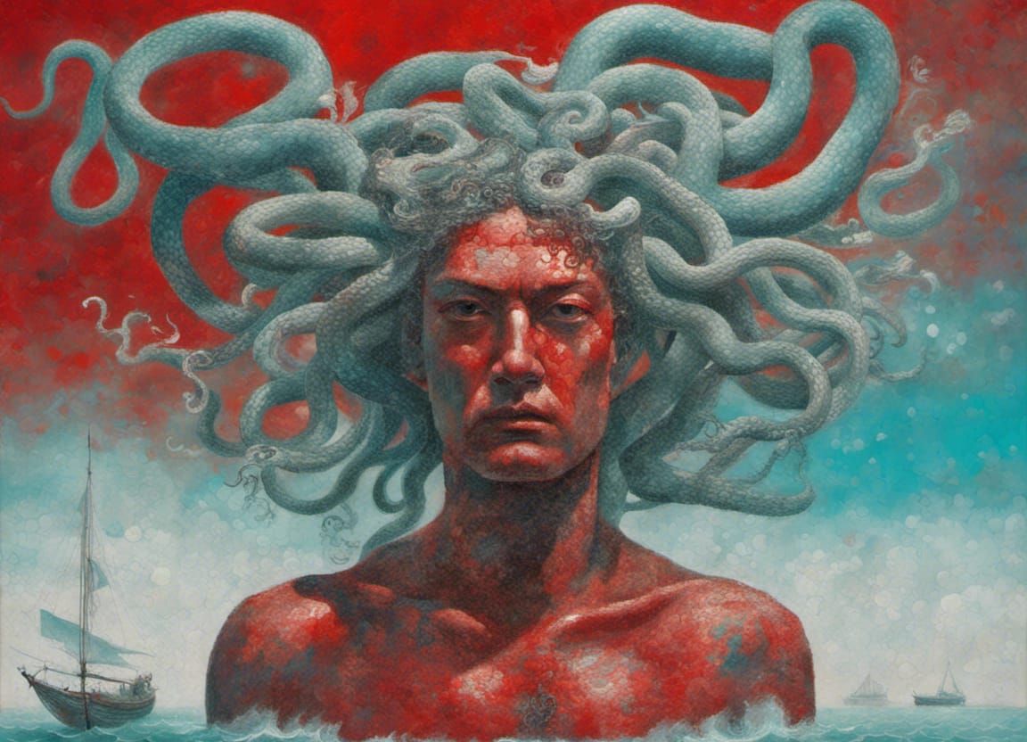 Medusa's Head with Martial Artists: Pointillist Art