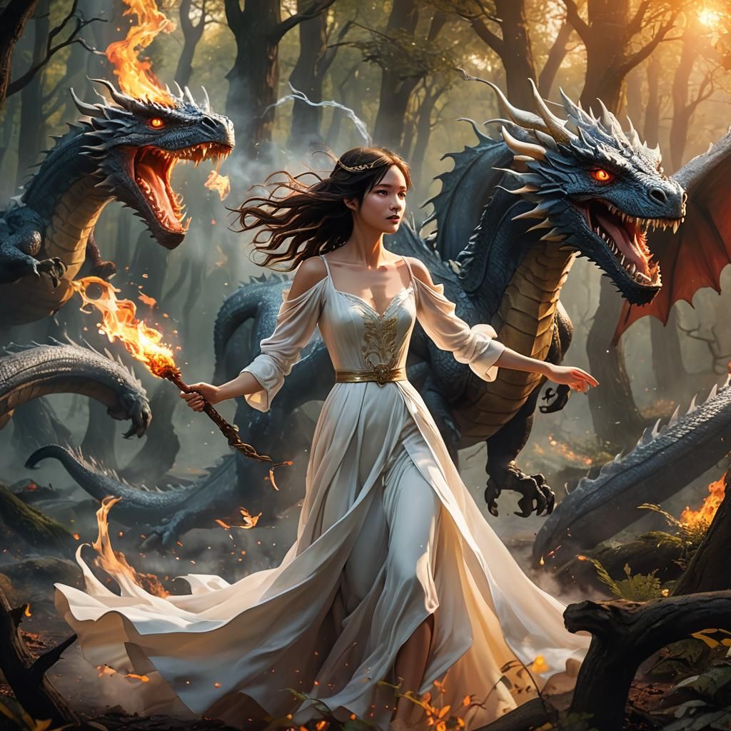 Beautiful Damsel in Distress Chased by a Dragon in a Dark My...