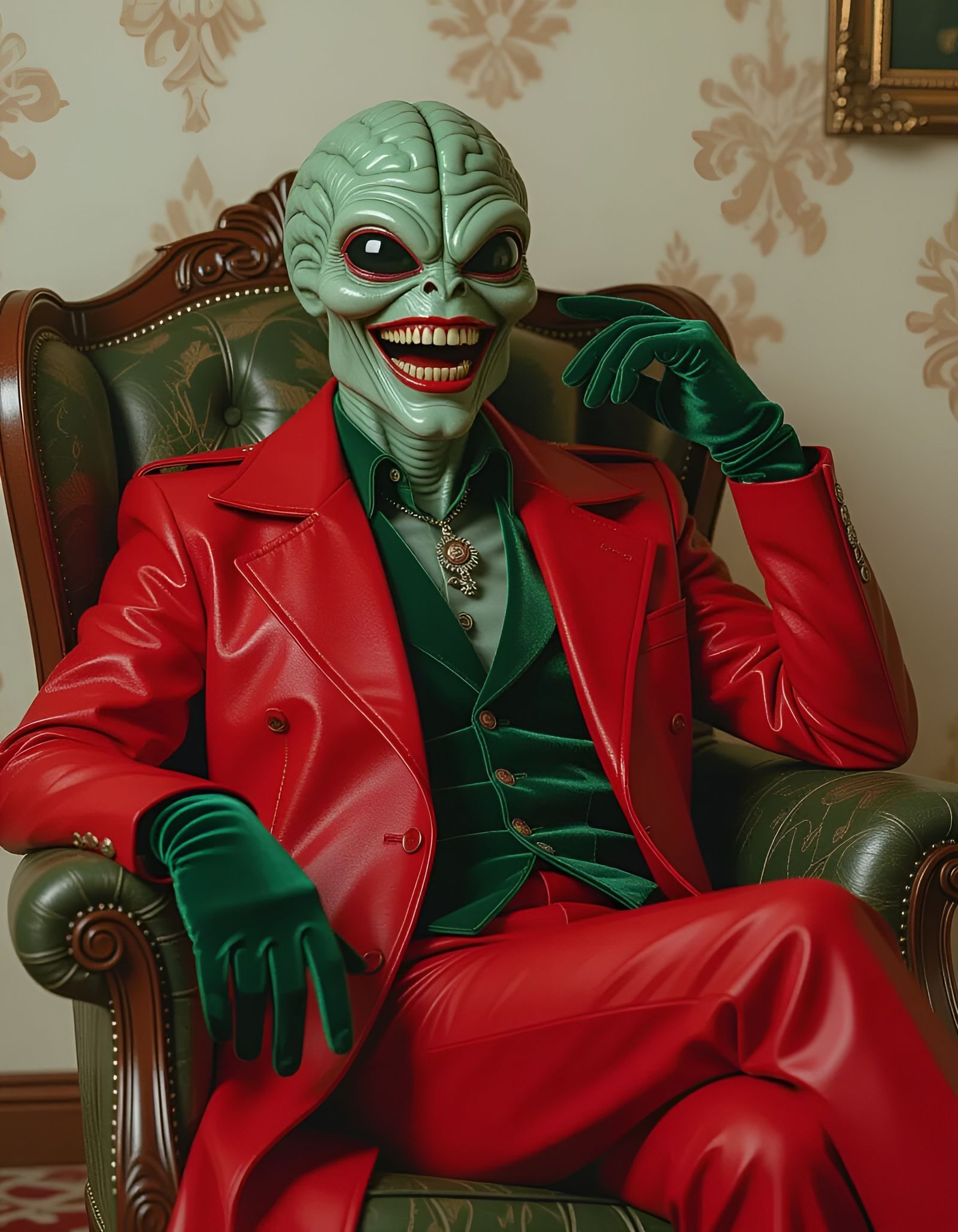 Photorealistic Alien Lord in Red Leather Coat