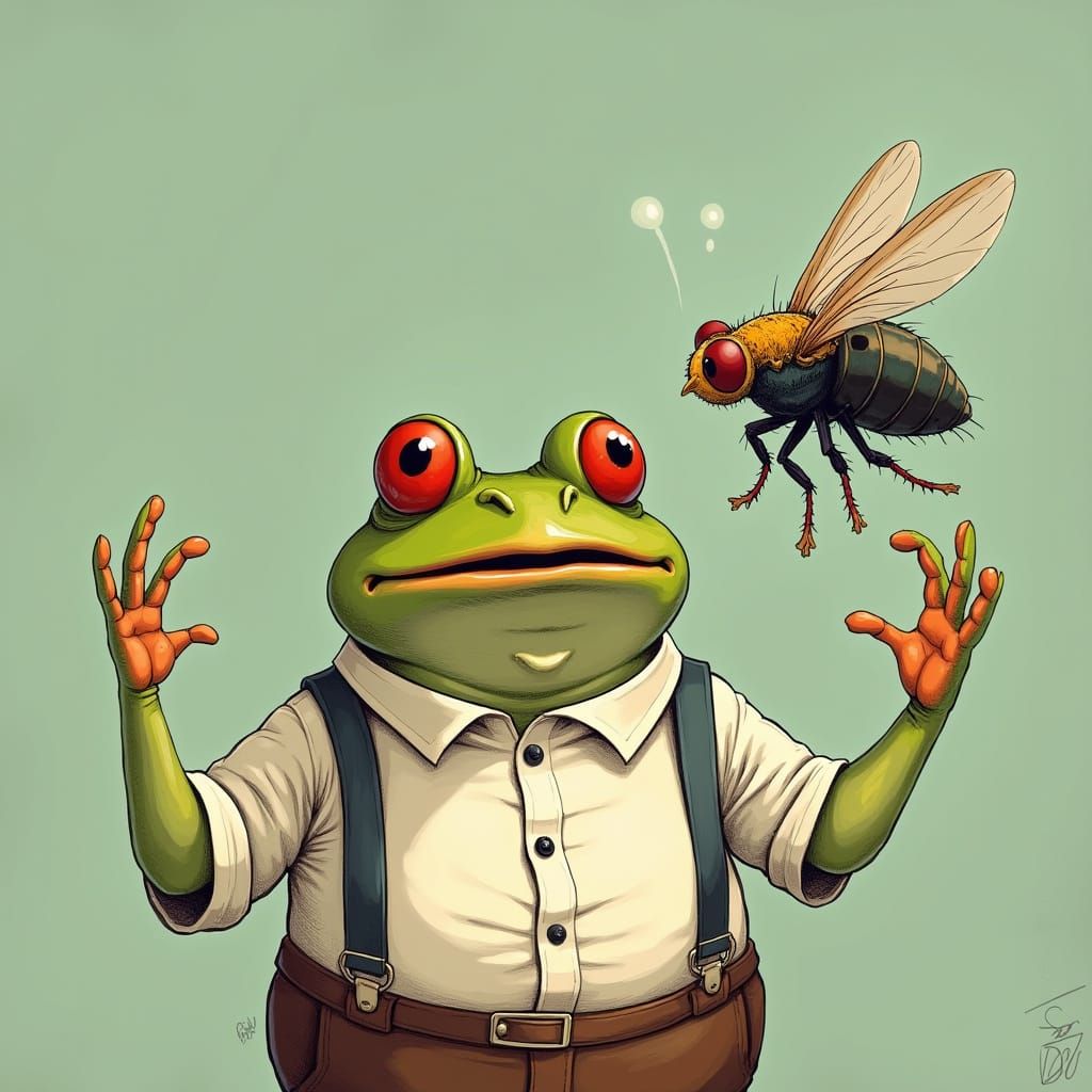 Astonished Frog Encounters Giant Fly in Whimsical Style