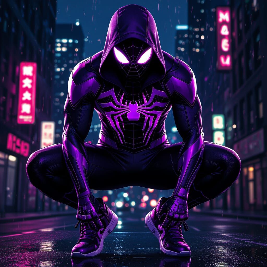 Purple and Black Superhero in Urban Nightscape