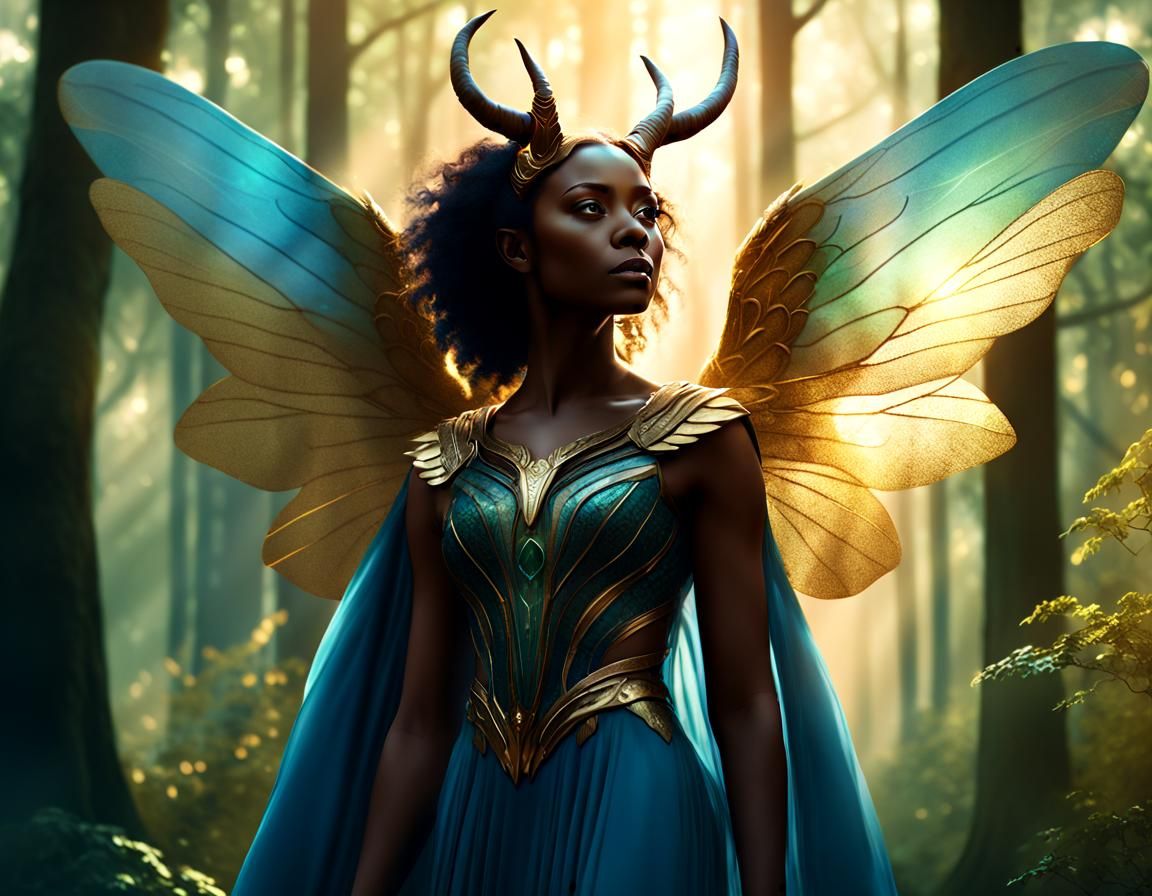 Ethereal Woman with Wings in Fantasy Woodland
