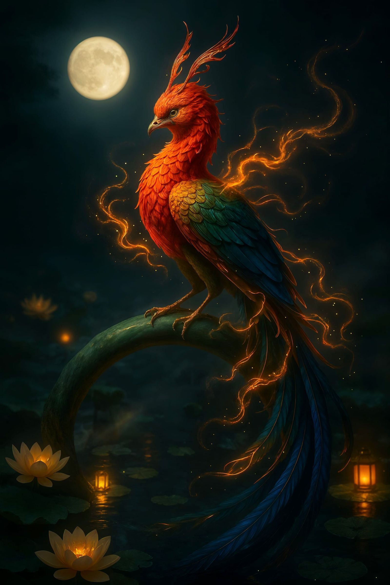 Majestic Fenghuang Perched Above Moonlit Lotus Pond