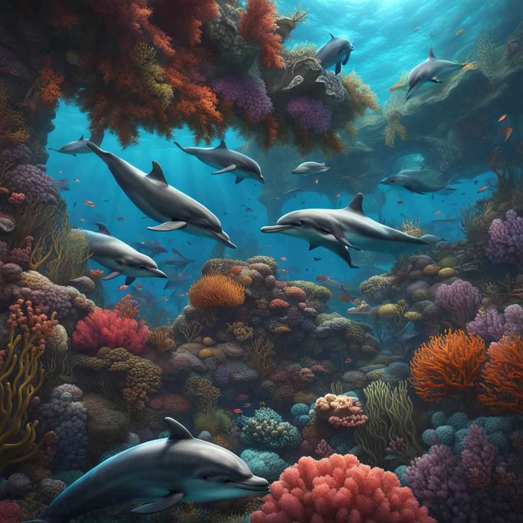 Dolphins Swimming Through Coral Reef: Detailed Matte Paintin...