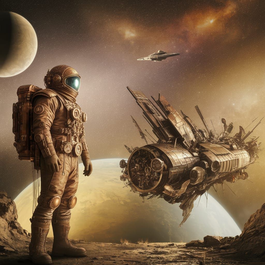Steampunk Astronaut Salvages Derelict Spaceship in Golden Li...