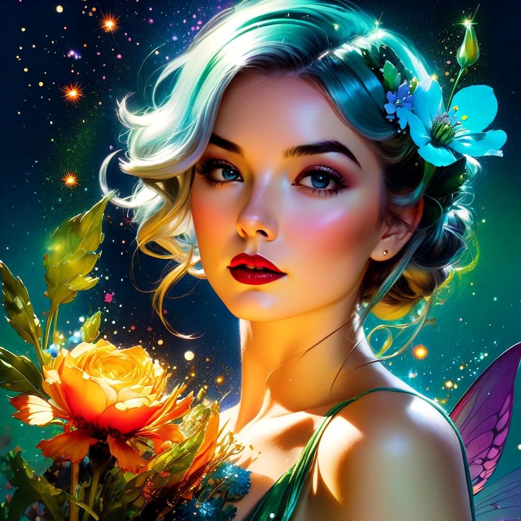 Gorgeous Pixie Portrait with Magical Dust and Flowers