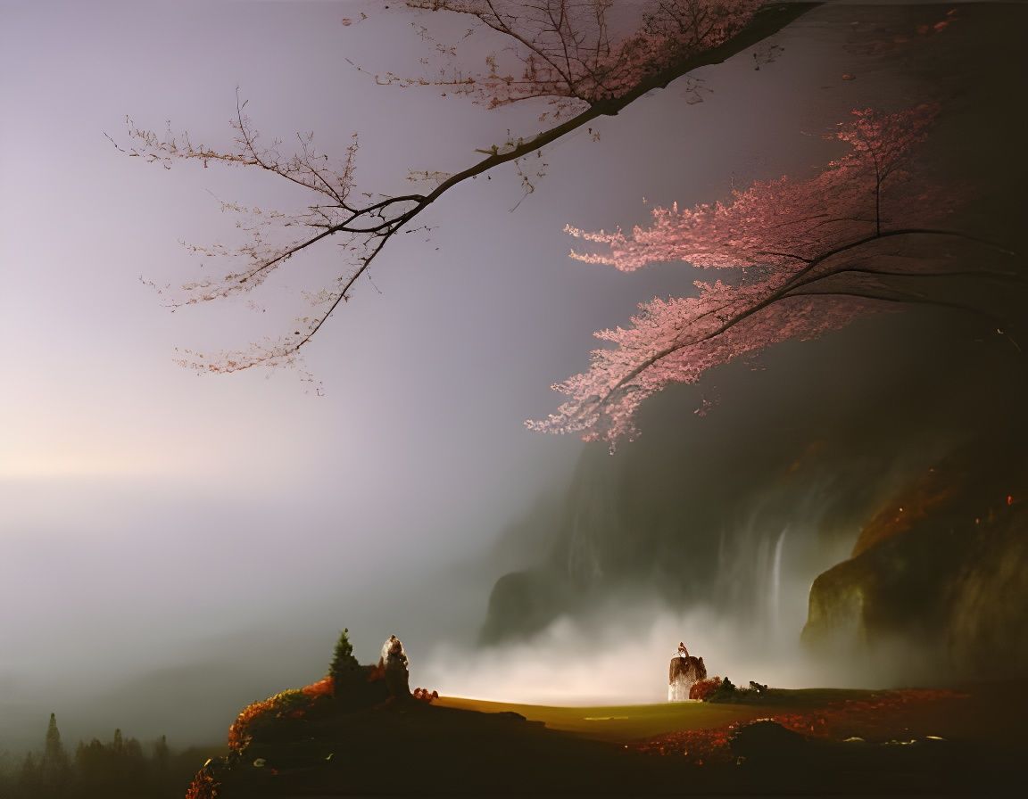 Red Cherry Blossom in Frozen Foggy Cave