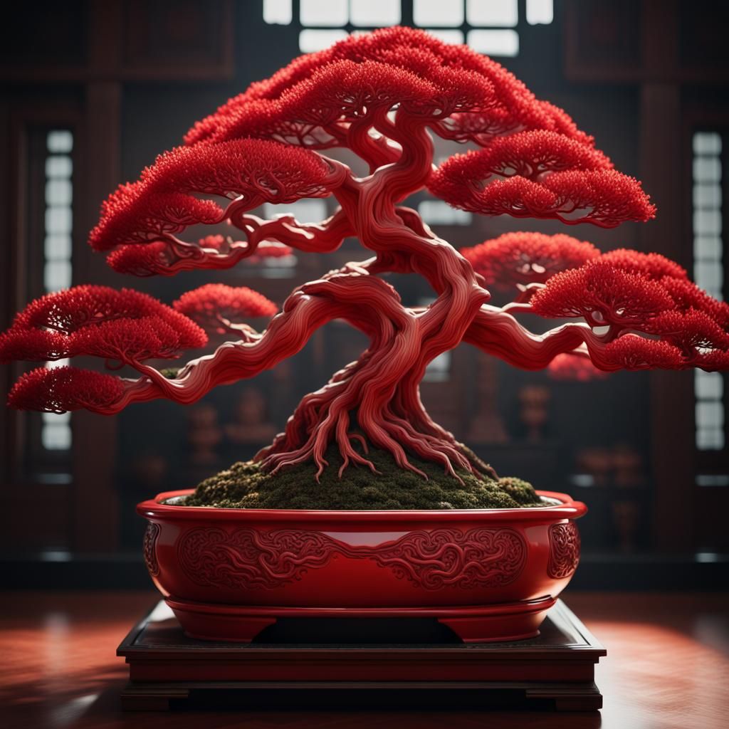 Epic Red Bonsai Tree with Double Exposure Motifs