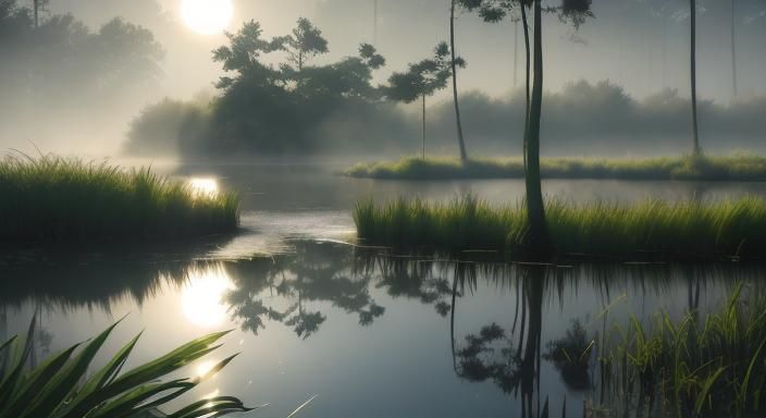 Misty Sunrise Reflection on Pond with Lush Ferns