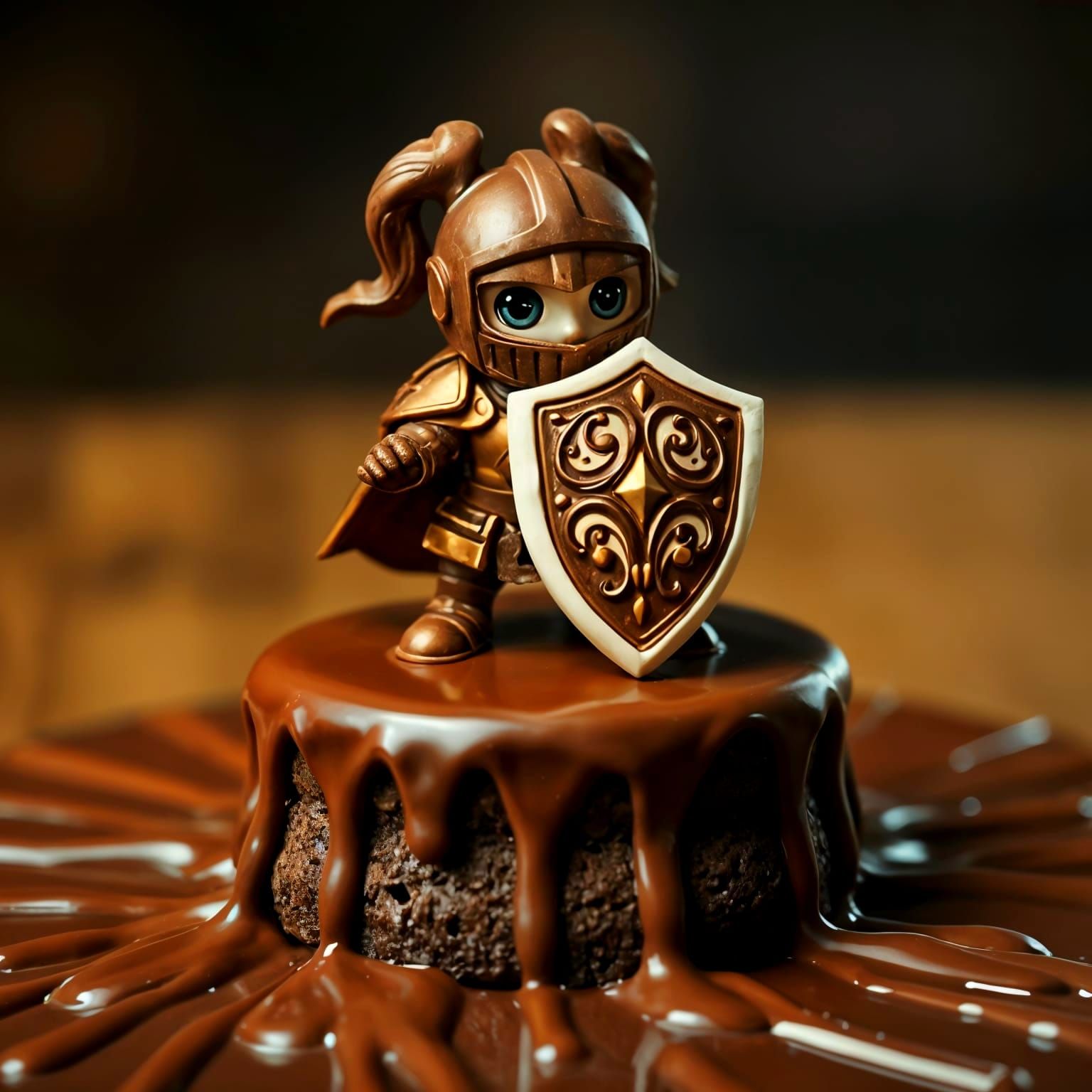 Marzipan knight in chocolate-armor caketop