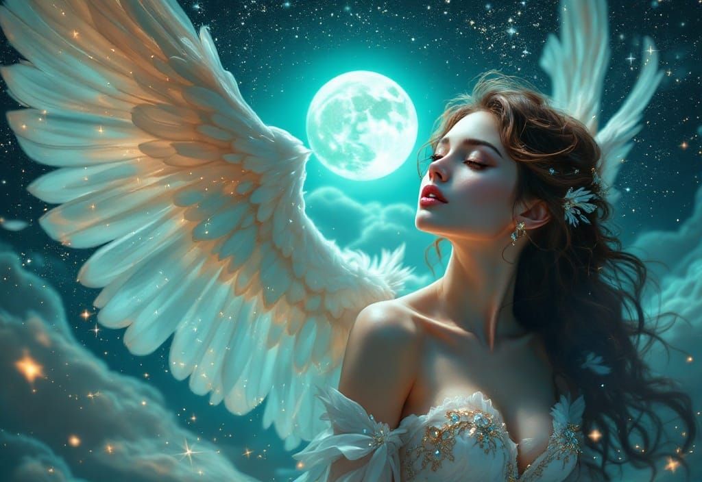 Anime Angel in Jeweled Armor Graces Starry Sky