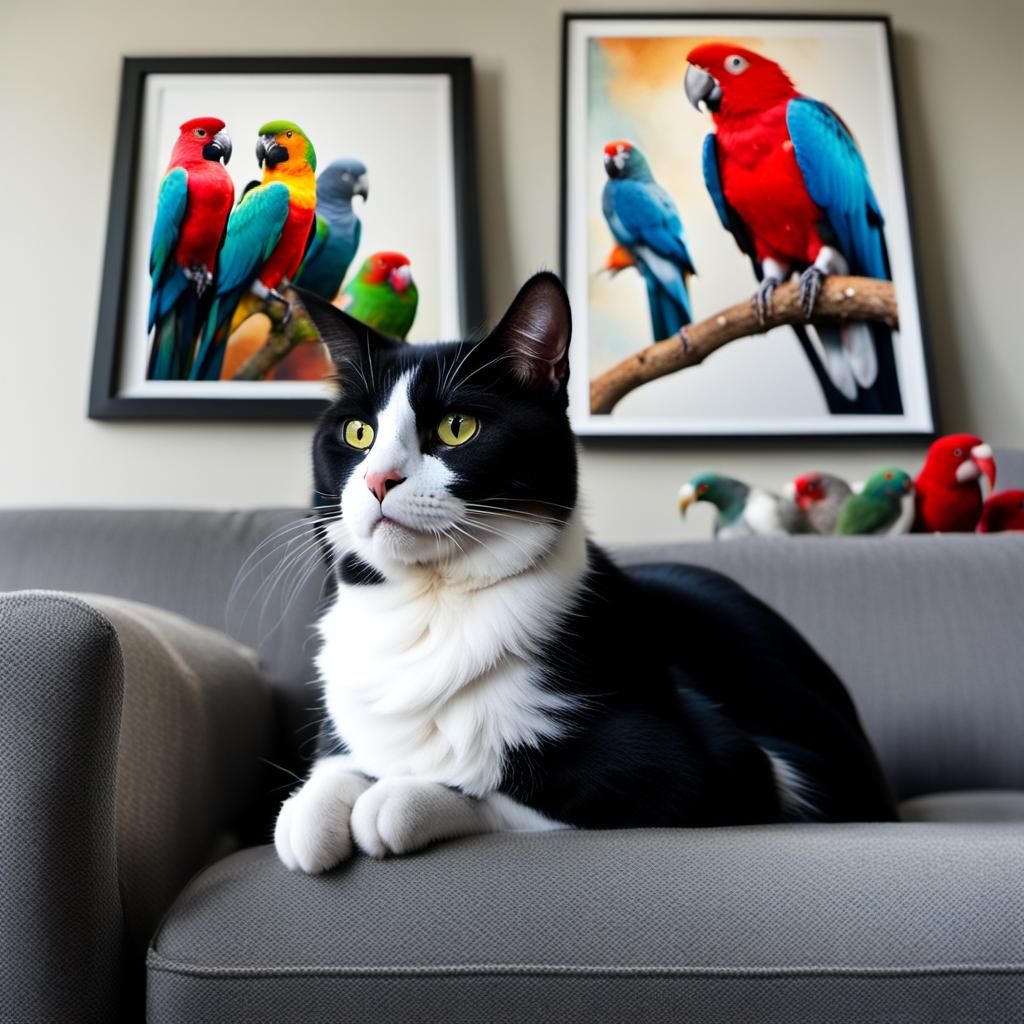Tuxedo Cat Portrait on Grey Sofa