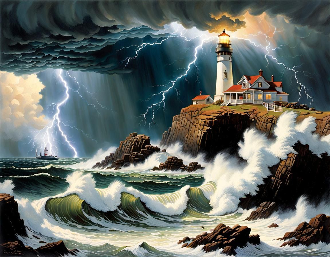 Stormy Isles: A Seascape Painting in Rockwell Style