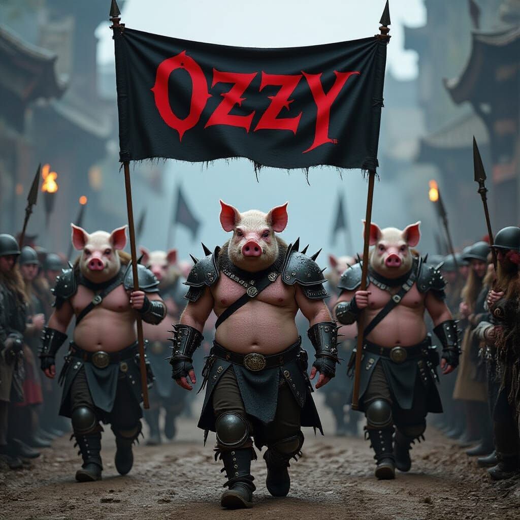 Pig Warriors March Under Ozzy Banner in Dark Fantasy Style