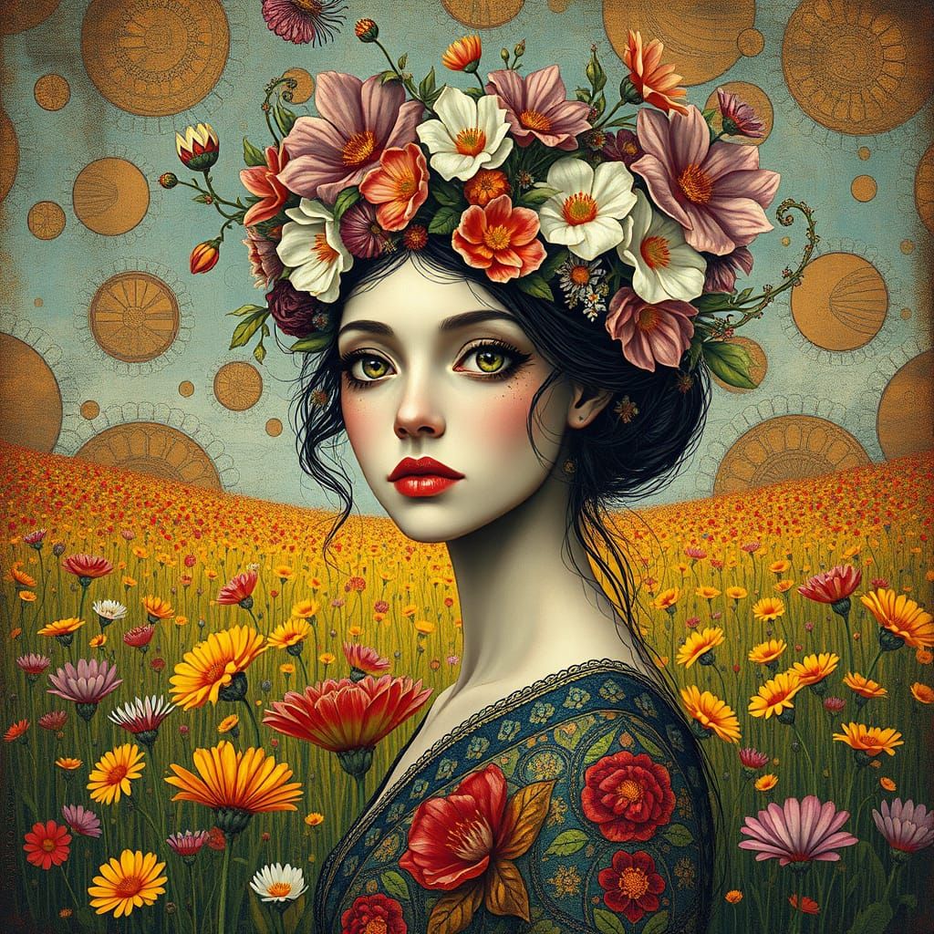 Surreal Woman Portrait with Flowers, Dreamlike Fantasy