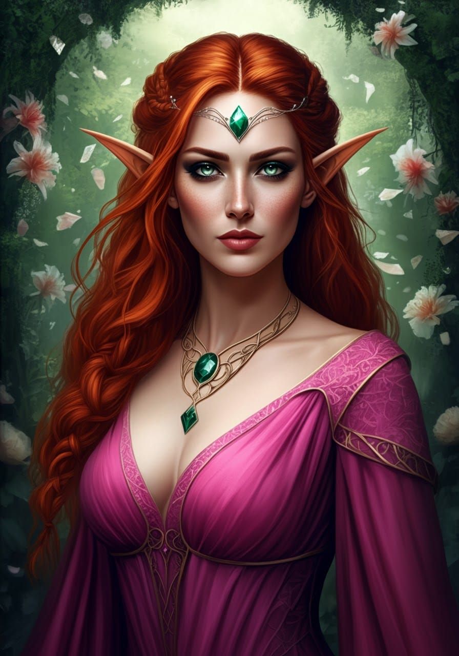 Beautiful Redhead Elf Sorceress in Fantasy Illustration