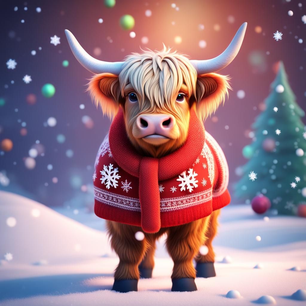 Festive Baby Highland Cow in Winter Wonderland