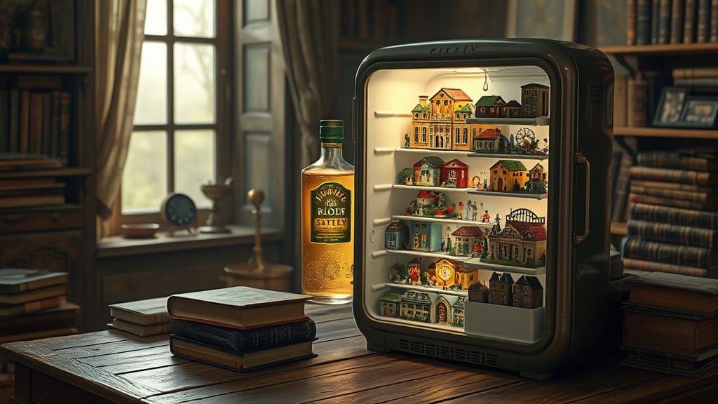 Miniature City Inside Refrigerator, Steampunk Style