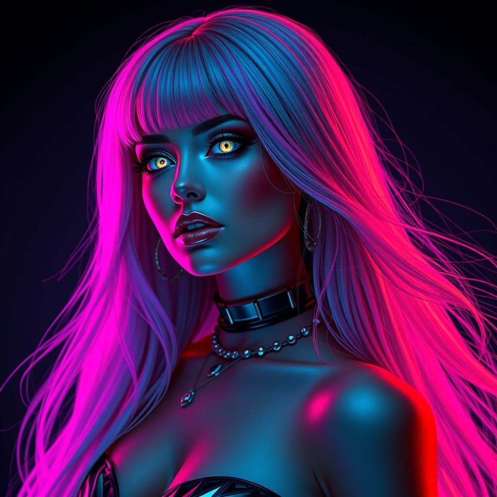 Cyberpunk Woman with Neon Hair and Glowing Eyes