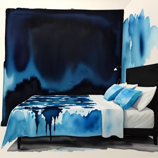 Dark Watercolor: Woman Possessed in Blue Bedroom