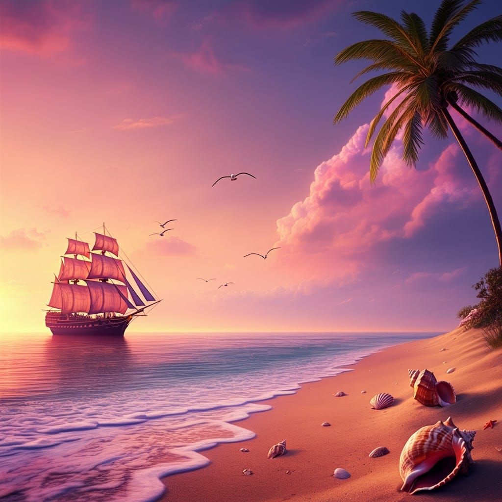 Colorful Beach Scene with Ship, Digital Illustration