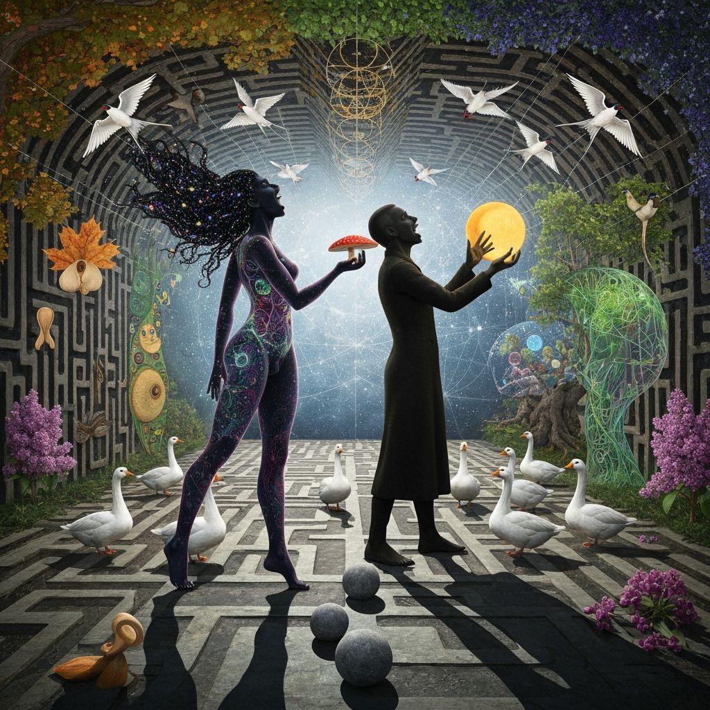 Cosmic Goddess and Alchemist in Surreal Labyrinth